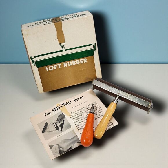 Vintage Speedball No. 66 Brayer 6" & Linoleum Cutter Tool w/ Box & Instructions - Picture 1 of 13